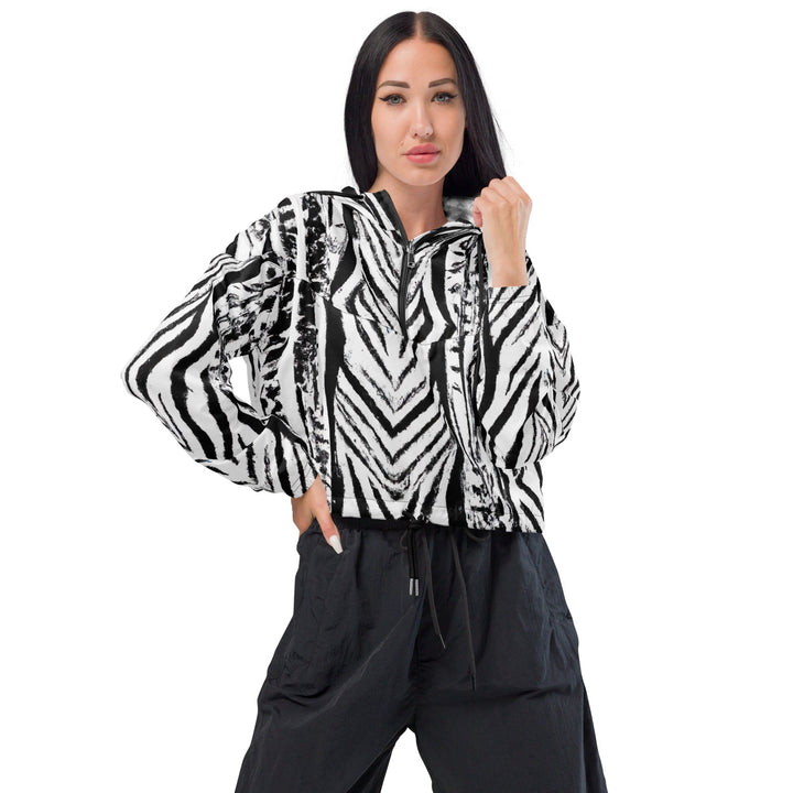 Womens Cropped Windbreaker Jacket Black White Native Print