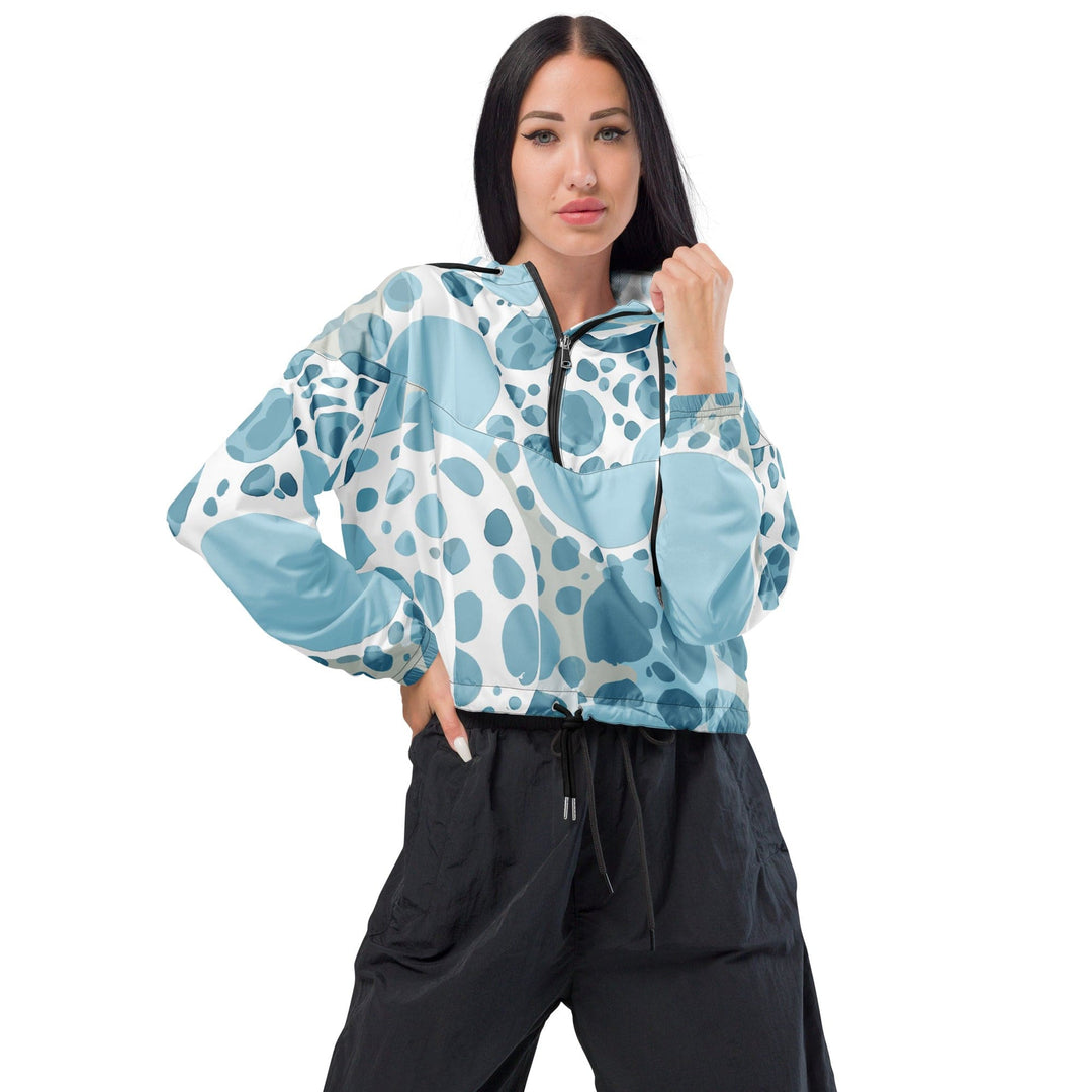 Womens Cropped Windbreaker Jacket Blue and White Circular Spotted