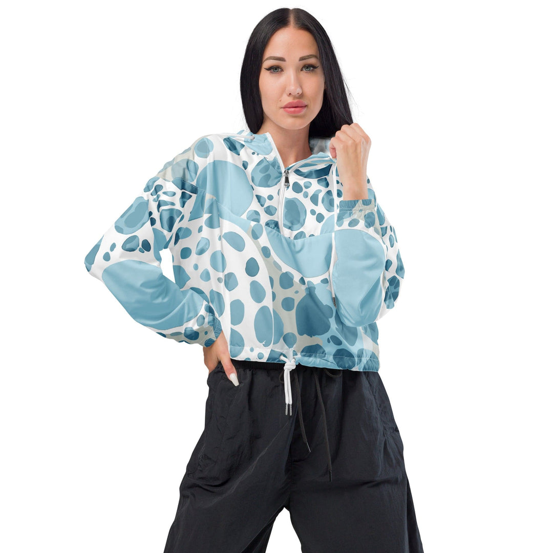 Womens Cropped Windbreaker Jacket Blue and White Circular Spotted