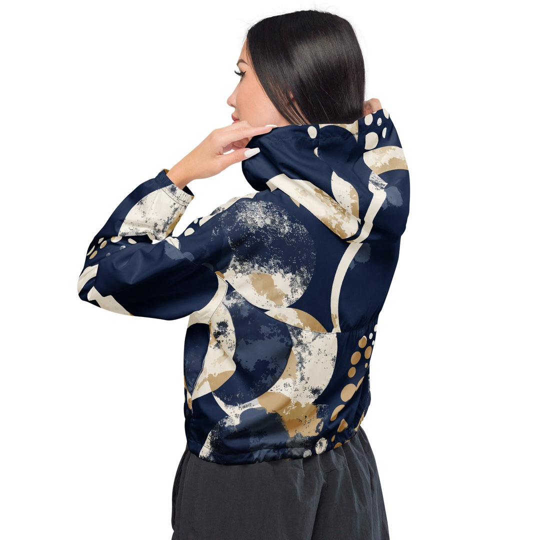 Womens Cropped Windbreaker Jacket - Blue Beige Spotted Print