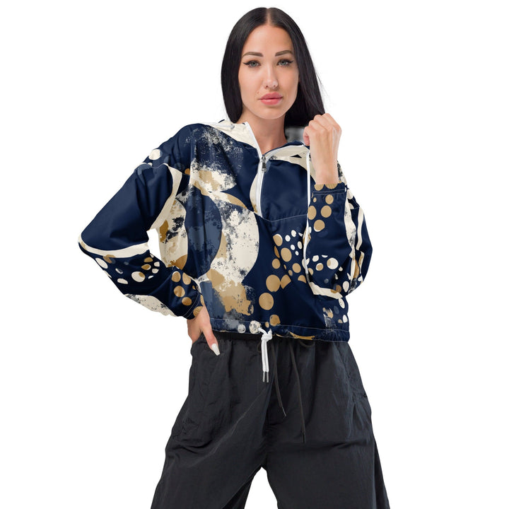 Womens Cropped Windbreaker Jacket - Blue Beige Spotted Print