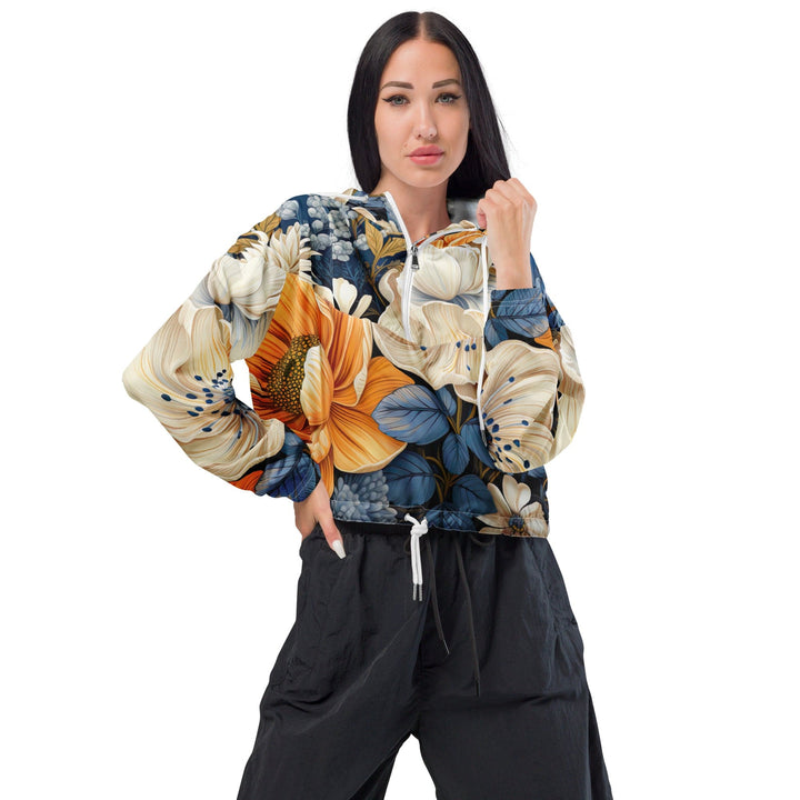 Womens Cropped Windbreaker Jacket Floral Blue Print