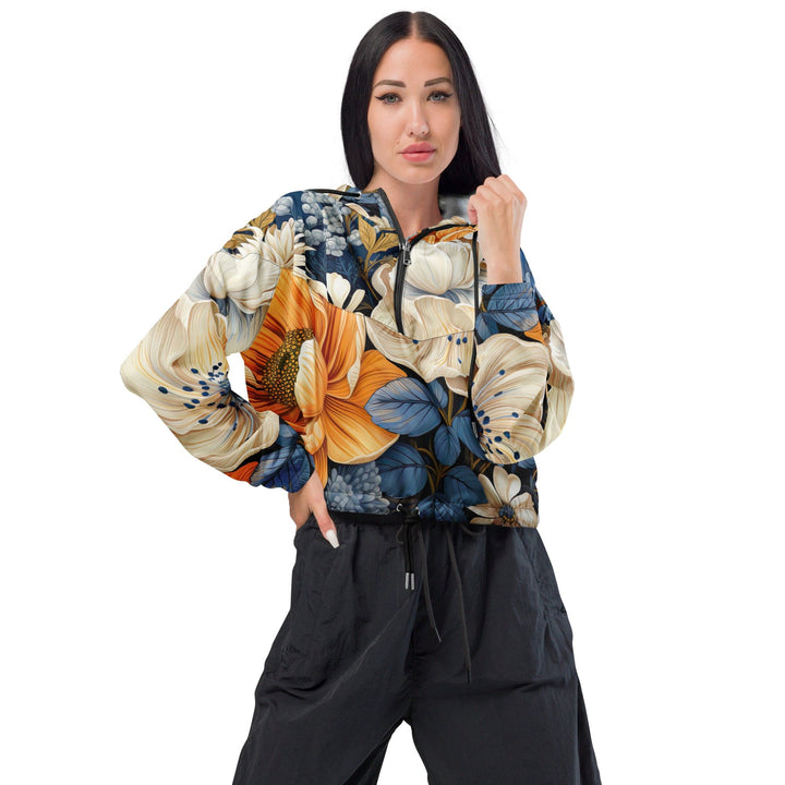 Womens Cropped Windbreaker Jacket Floral Blue Print