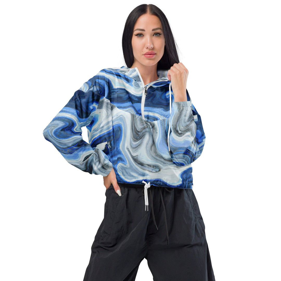 Womens Cropped Windbreaker Jacket Blue Grey Marble Print