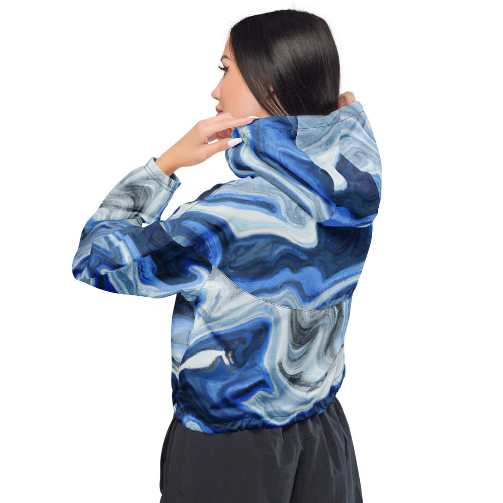 Womens Cropped Windbreaker Jacket Blue Grey Marble Print