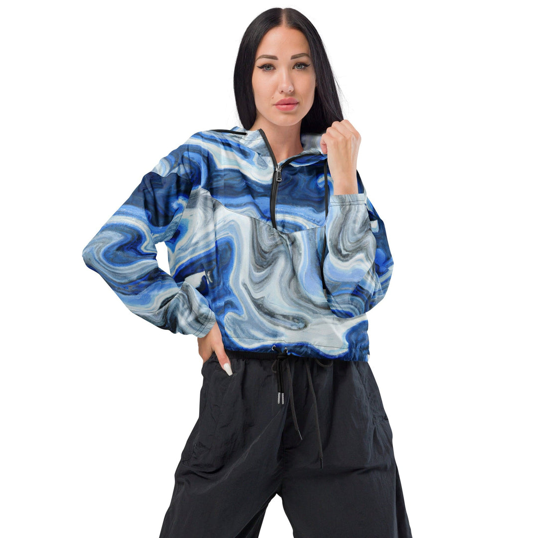 Womens Cropped Windbreaker Jacket Blue Grey Marble Print