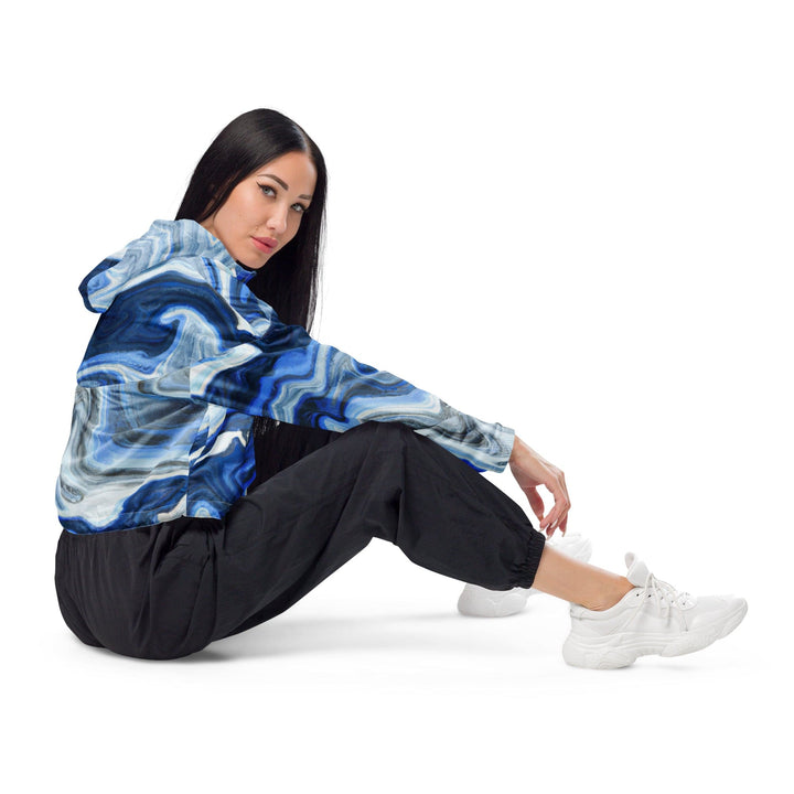 Womens Cropped Windbreaker Jacket Blue Grey Marble Print