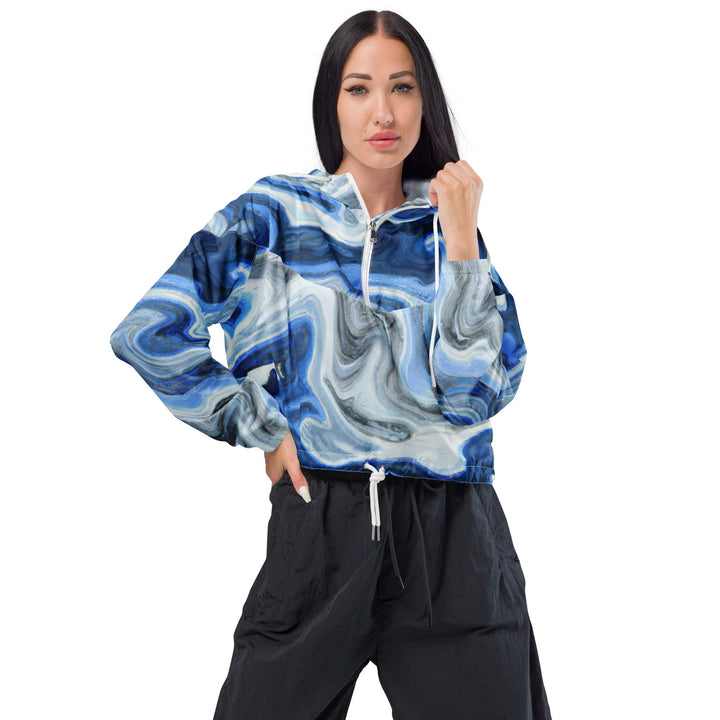 Womens Cropped Windbreaker Jacket Blue Grey Marble Print