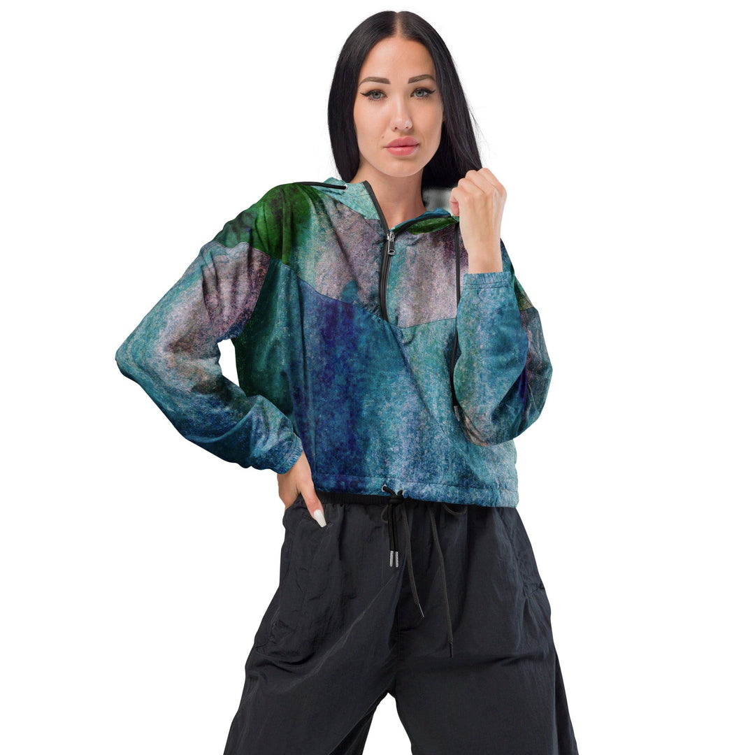 Womens Cropped Windbreaker Jacket Blue Hue Watercolor Abstract Print