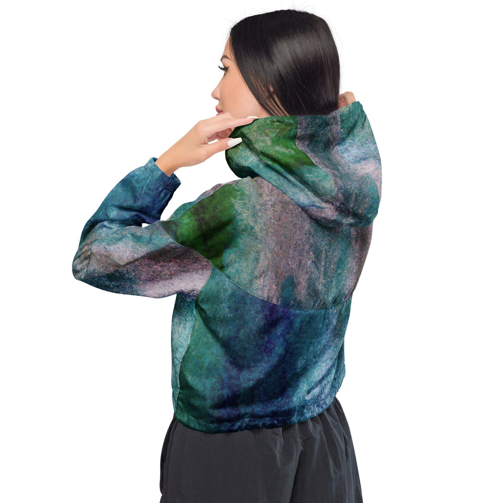 Womens Cropped Windbreaker Jacket Blue Hue Watercolor Abstract Print