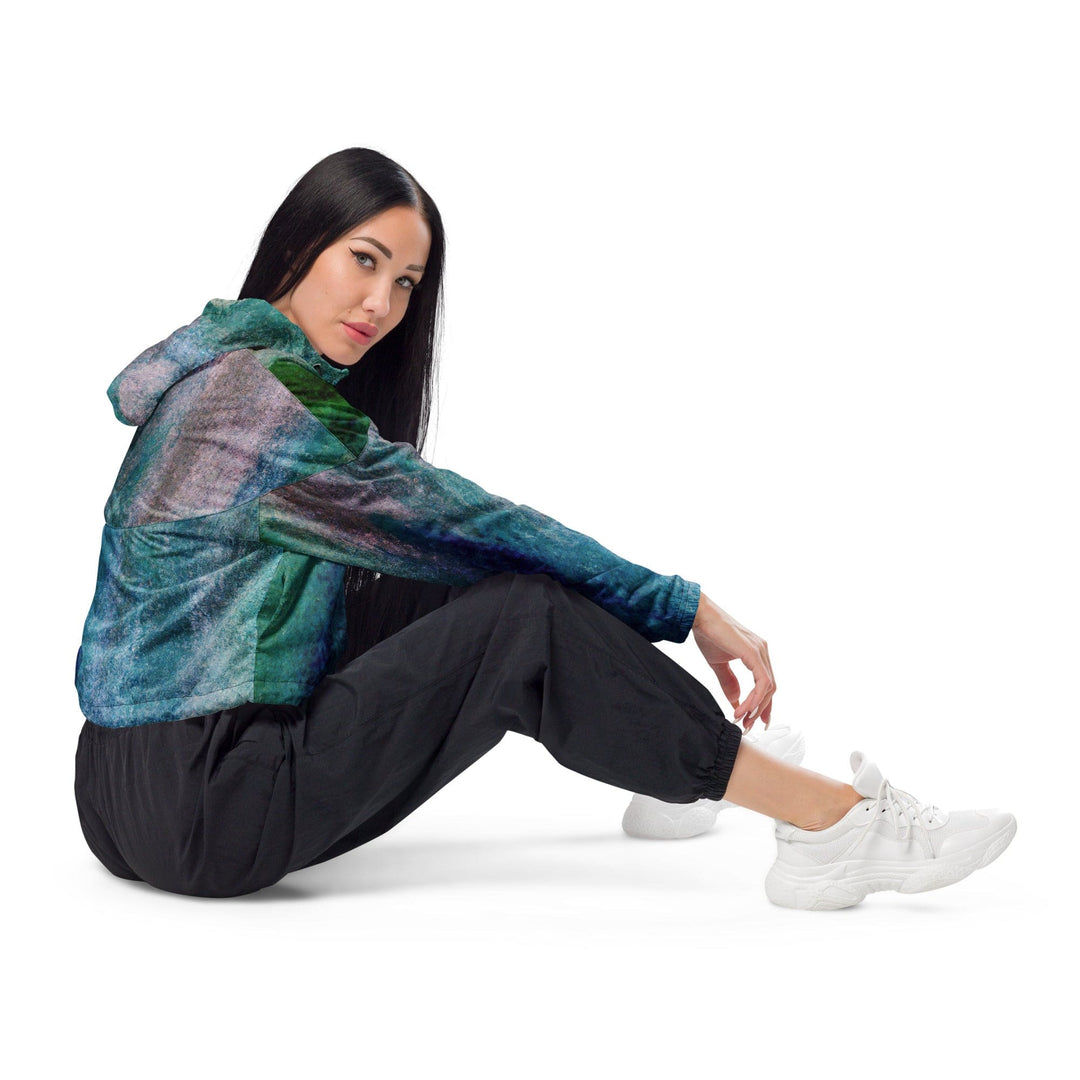 Womens Cropped Windbreaker Jacket - Blue Hue Watercolor Abstract Print