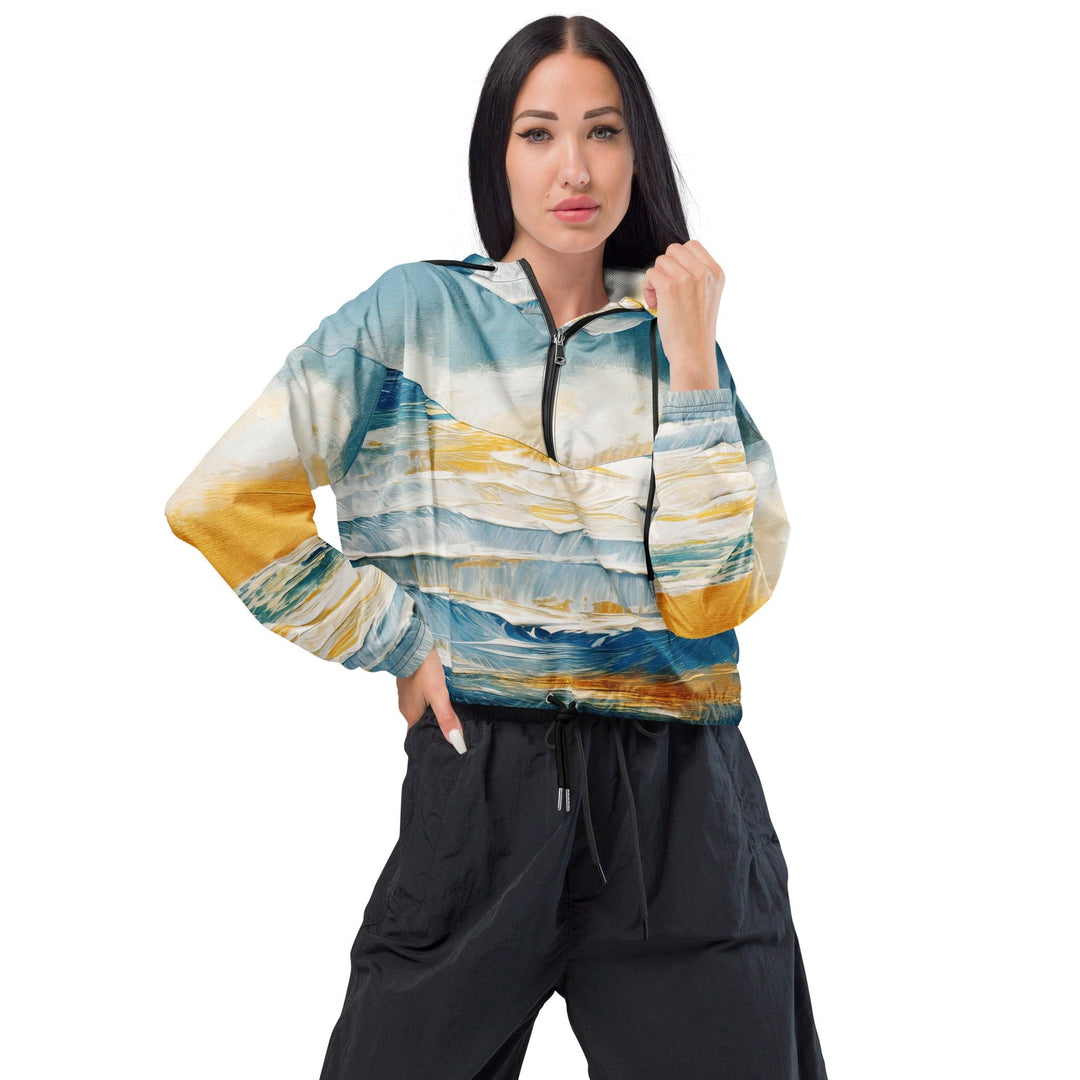 Womens Cropped Windbreaker Jacket Blue Ocean Golden Sunset Print 2