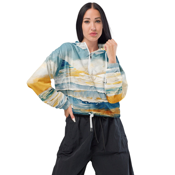 Womens Cropped Windbreaker Jacket Blue Ocean Golden Sunset Print 2