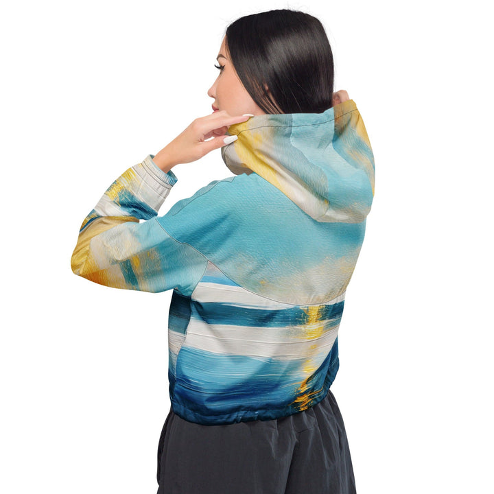 Womens Cropped Windbreaker Jacket Blue Ocean Golden Sunset Print