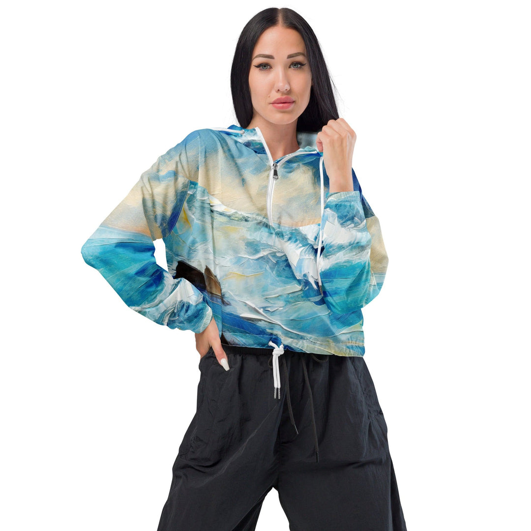 Womens Cropped Windbreaker Jacket Blue Ocean Print