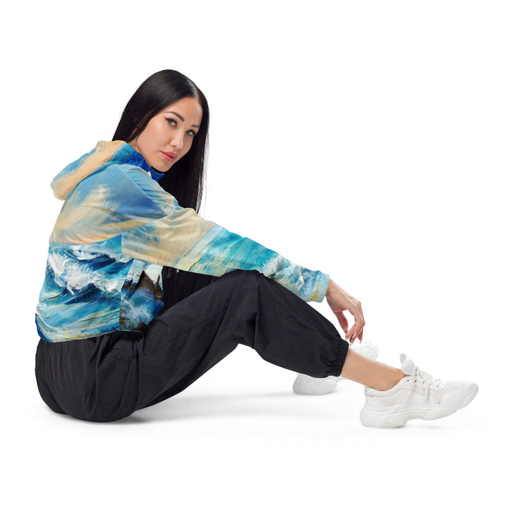 Womens Cropped Windbreaker Jacket Blue Ocean Print