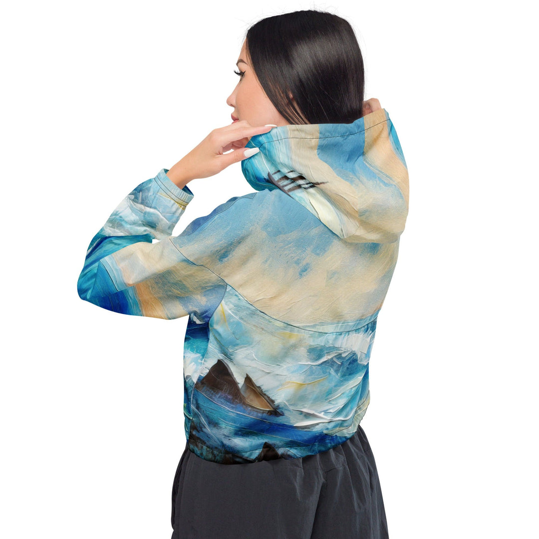 Womens Cropped Windbreaker Jacket Blue Ocean Print