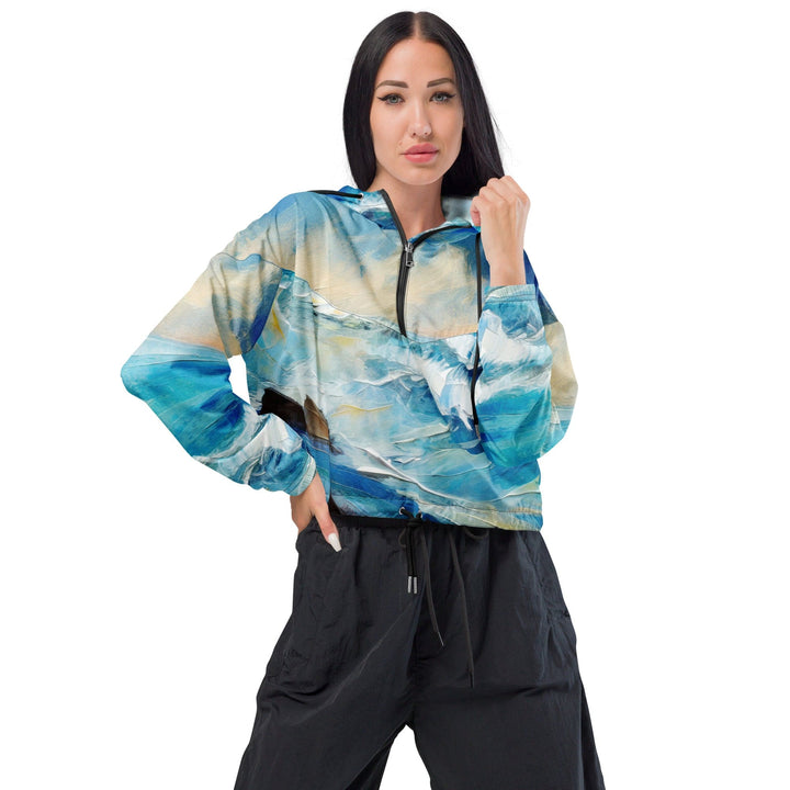 Womens Cropped Windbreaker Jacket Blue Ocean Print