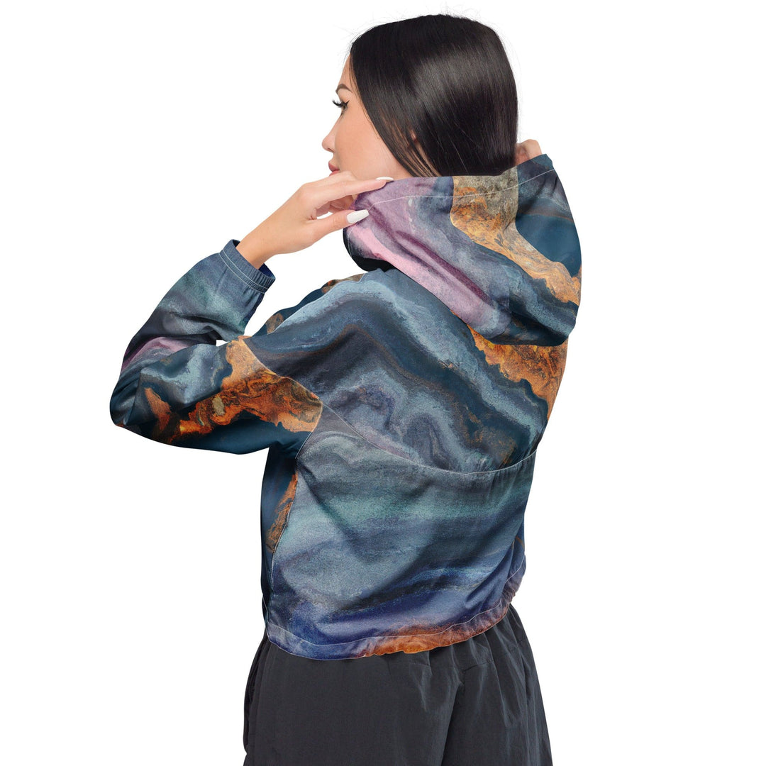 Womens Cropped Windbreaker Jacket Blue Pink Marble Swirl Print