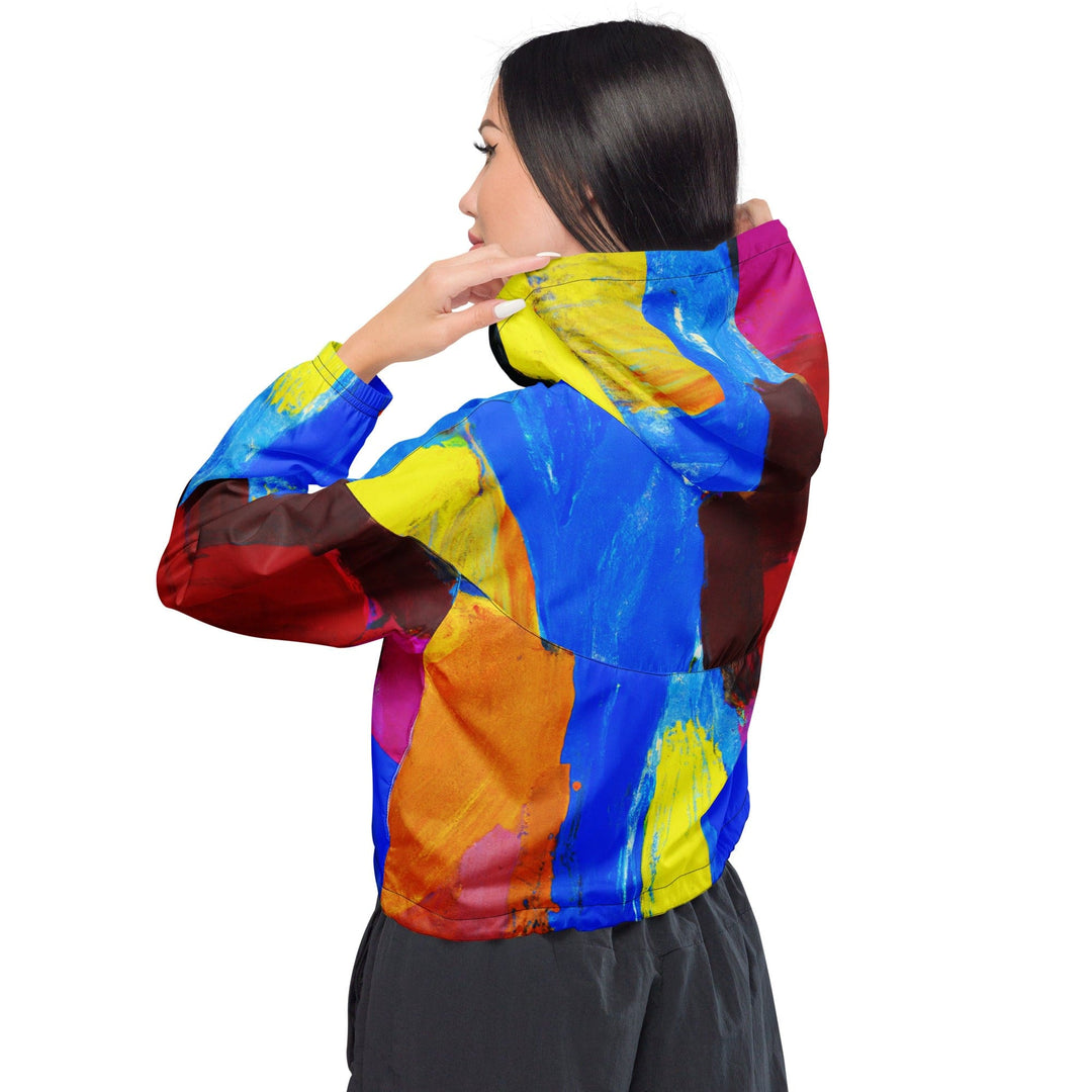 Womens Cropped Windbreaker Jacket Blue Red Abstract Pattern