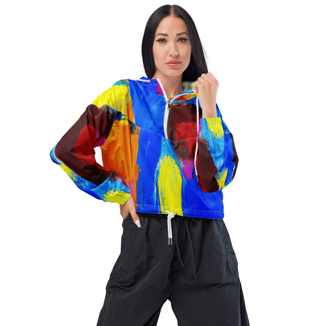 Womens Cropped Windbreaker Jacket Blue Red Abstract Pattern