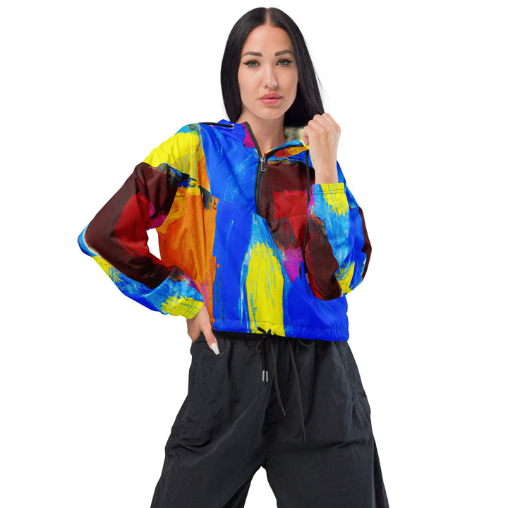 Womens Cropped Windbreaker Jacket Blue Red Abstract Pattern