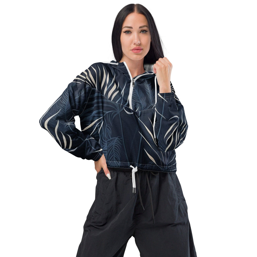 Womens Cropped Windbreaker Jacket - Blue White Palm Leaves