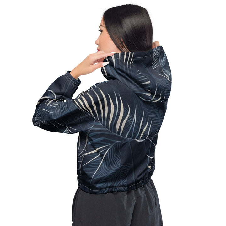 Womens Cropped Windbreaker Jacket - Blue White Palm Leaves