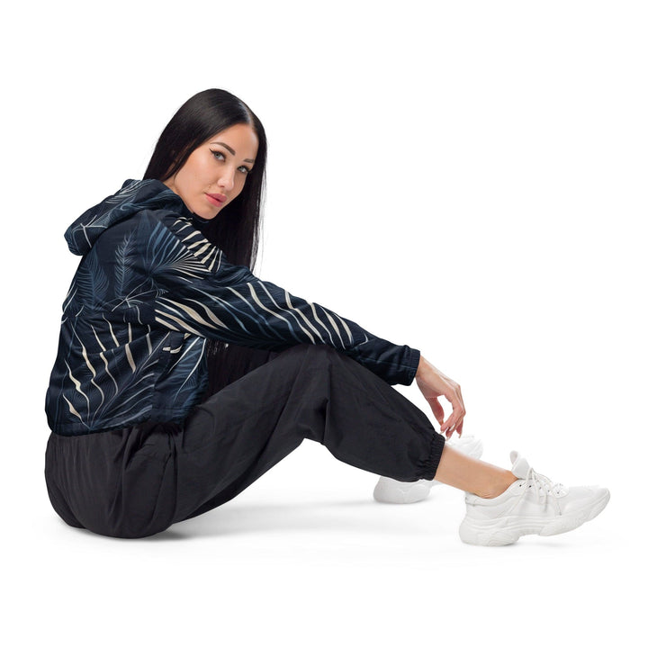 Womens Cropped Windbreaker Jacket - Blue White Palm Leaves