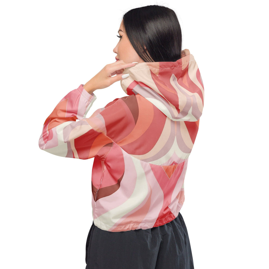 Womens Cropped Windbreaker Jacket Pink White Boho Swirl Lines