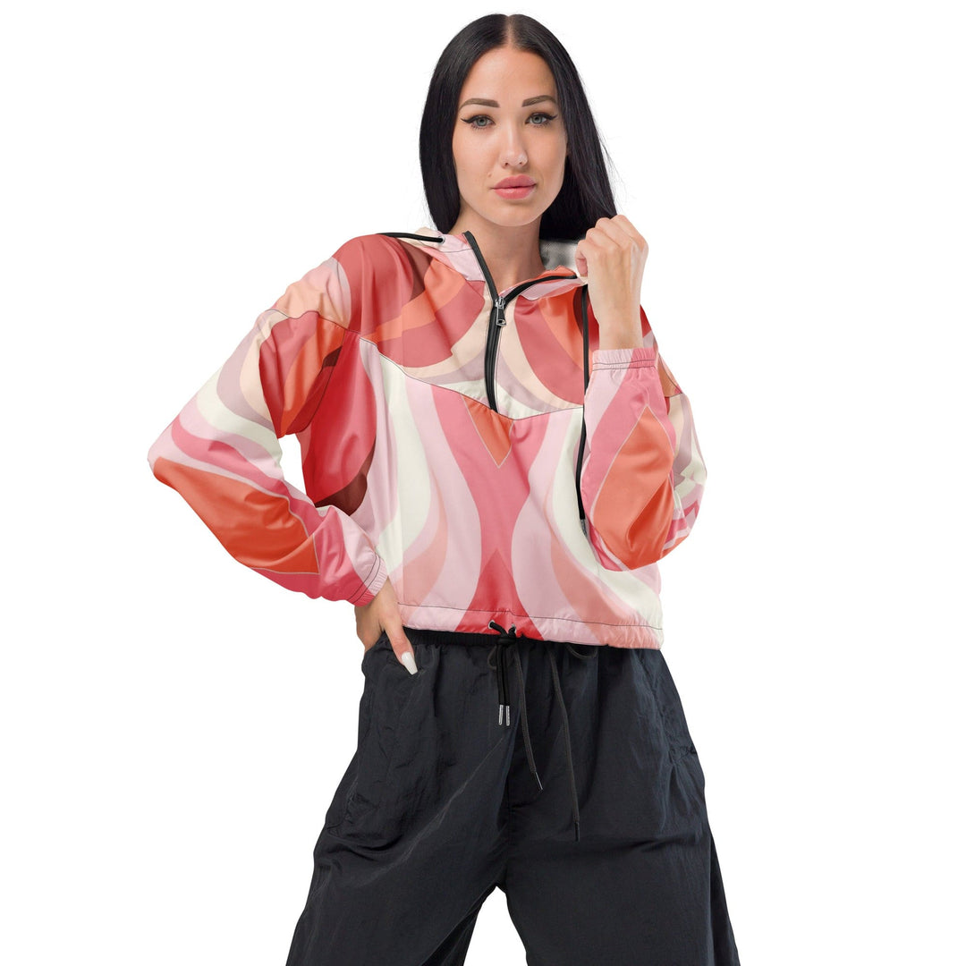 Womens Cropped Windbreaker Jacket Pink White Boho Swirl Lines