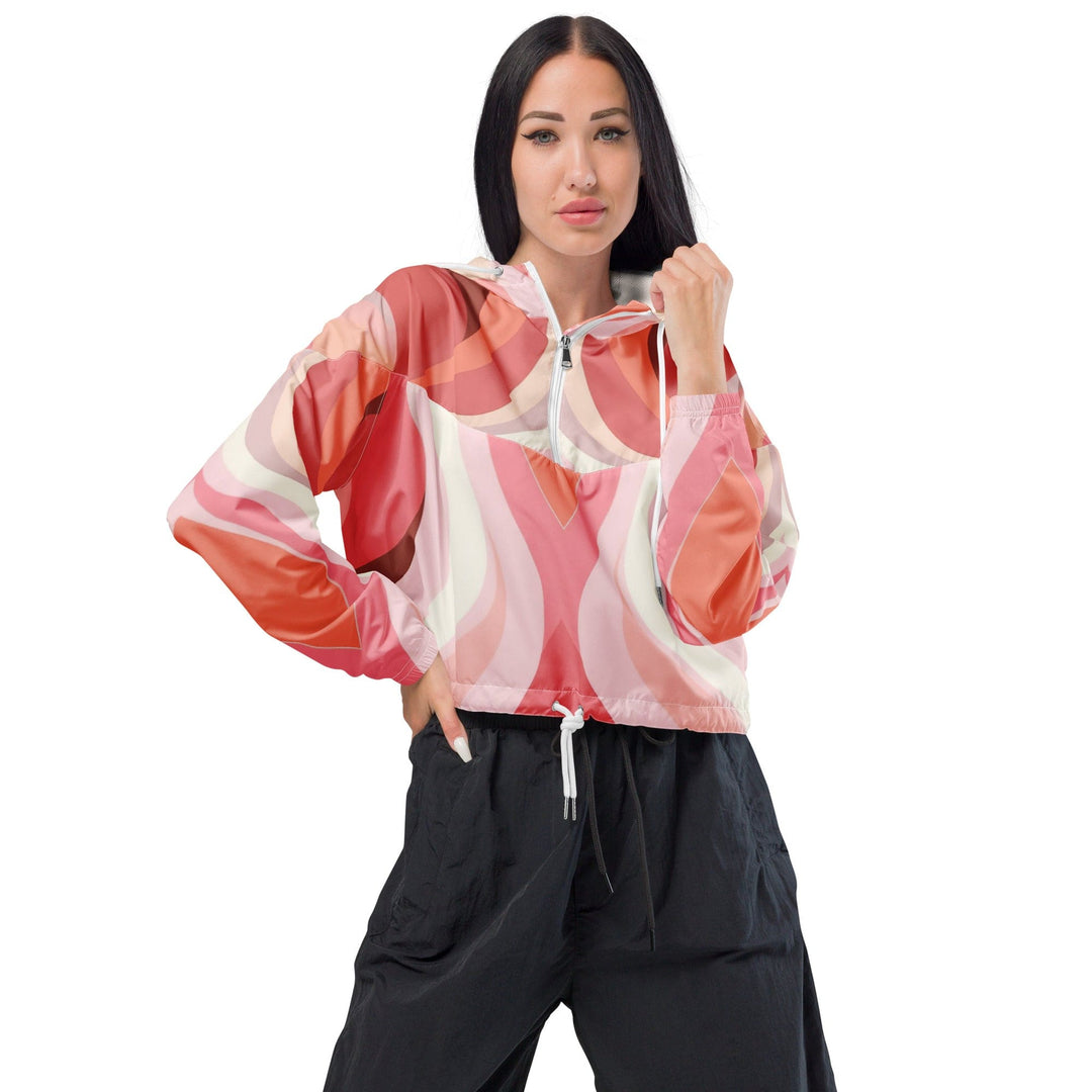 Womens Cropped Windbreaker Jacket Pink White Boho Swirl Lines