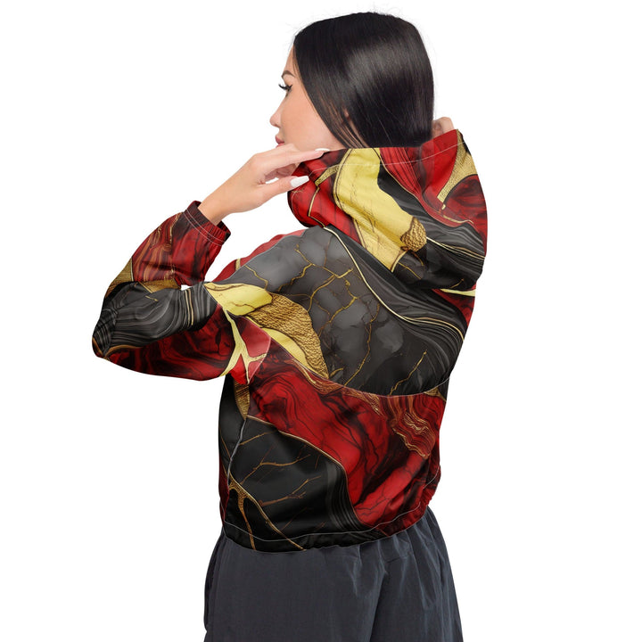 Womens Cropped Windbreaker Jacket Bold Red Gold Tones Print