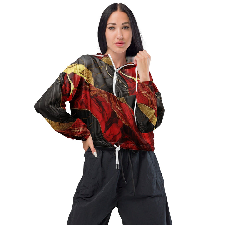 Womens Cropped Windbreaker Jacket Bold Red Gold Tones Print