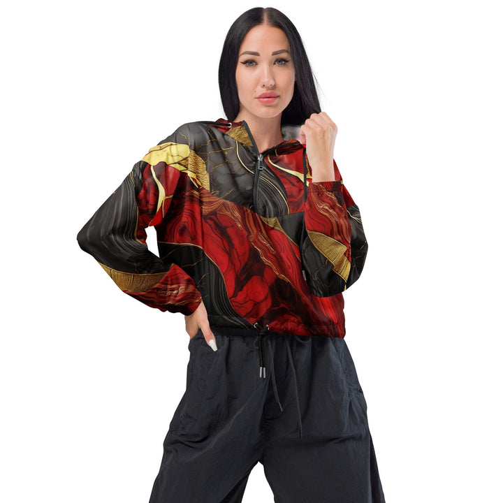 Womens Cropped Windbreaker Jacket Bold Red Gold Tones Print