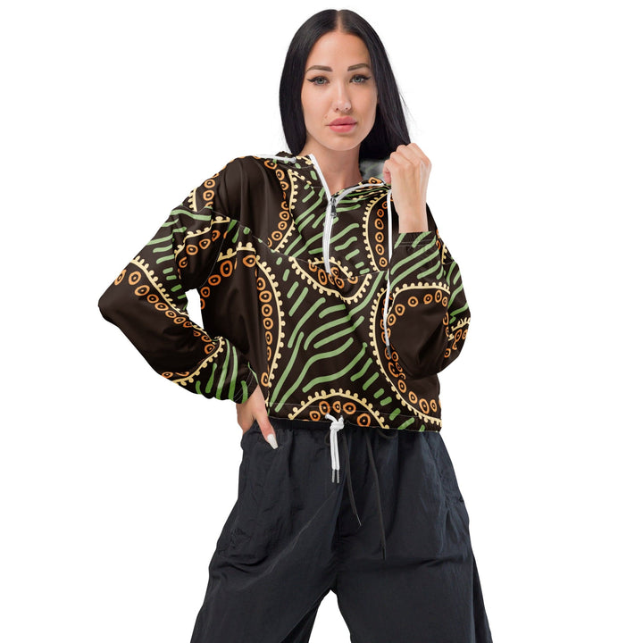 Womens Cropped Windbreaker Jacket - Brown Green Geometric Lines