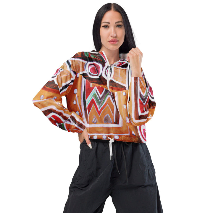 Womens Cropped Windbreaker Jacket Brown Orange Green Aztec Pattern