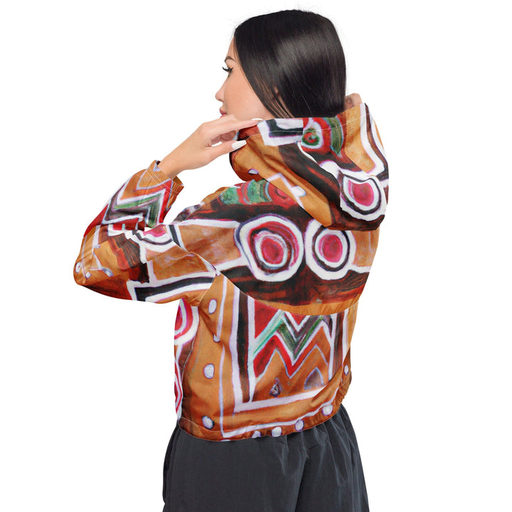 Womens Cropped Windbreaker Jacket Brown Orange Green Aztec Pattern