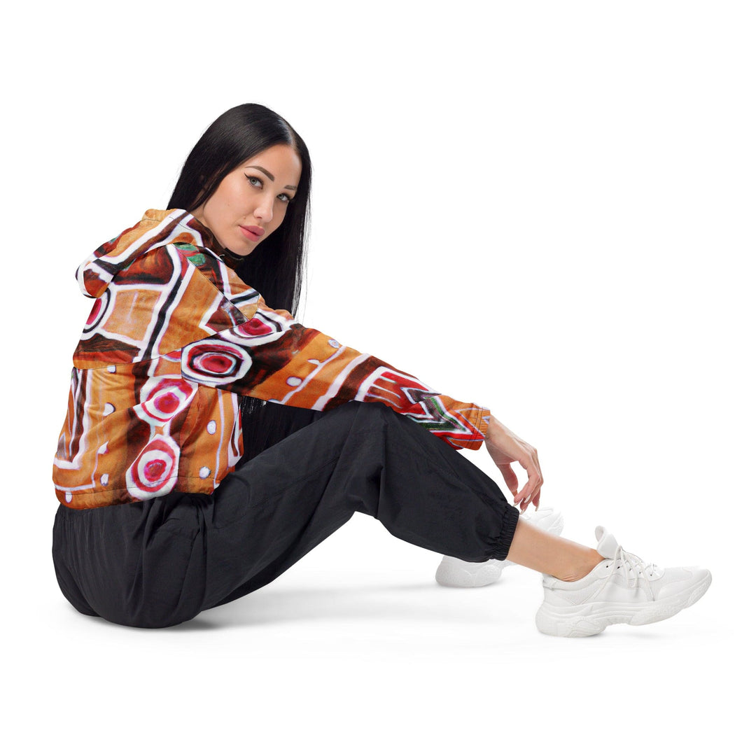 Womens Cropped Windbreaker Jacket Brown Orange Green Aztec Pattern