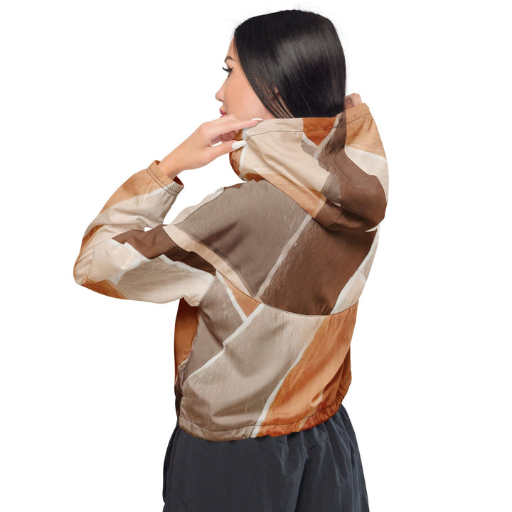 Womens Cropped Windbreaker Jacket Brown Rustic Watercolors Print