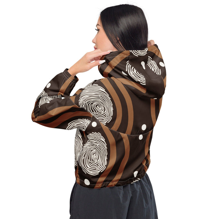 Womens Cropped Windbreaker Jacket Brown White Geometric Lines