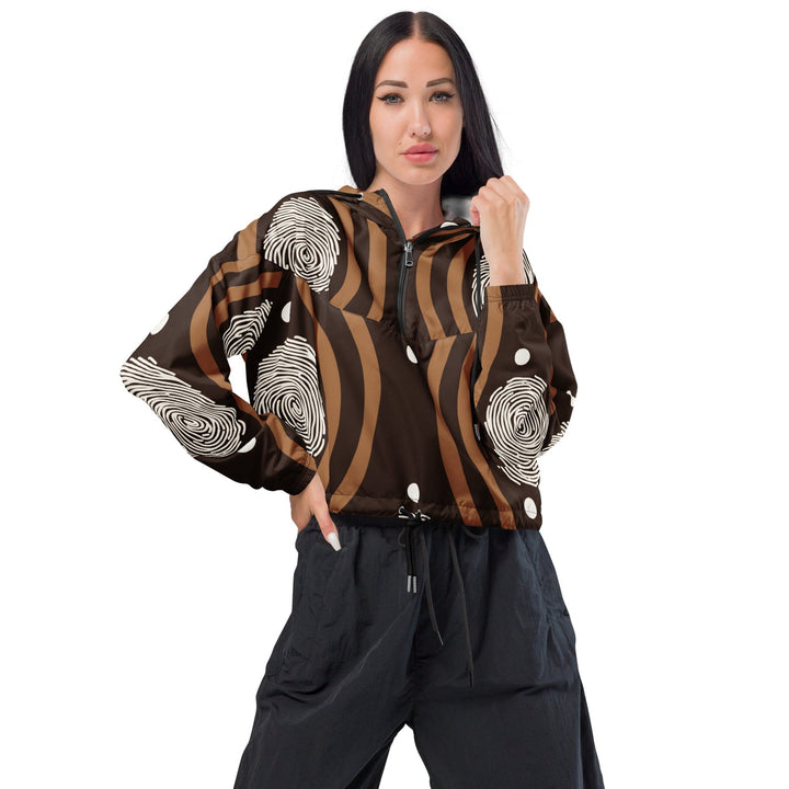 Womens Cropped Windbreaker Jacket Brown White Geometric Lines