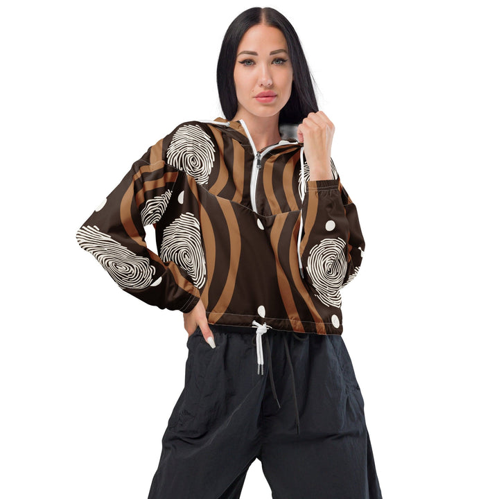 Womens Cropped Windbreaker Jacket Brown White Geometric Lines