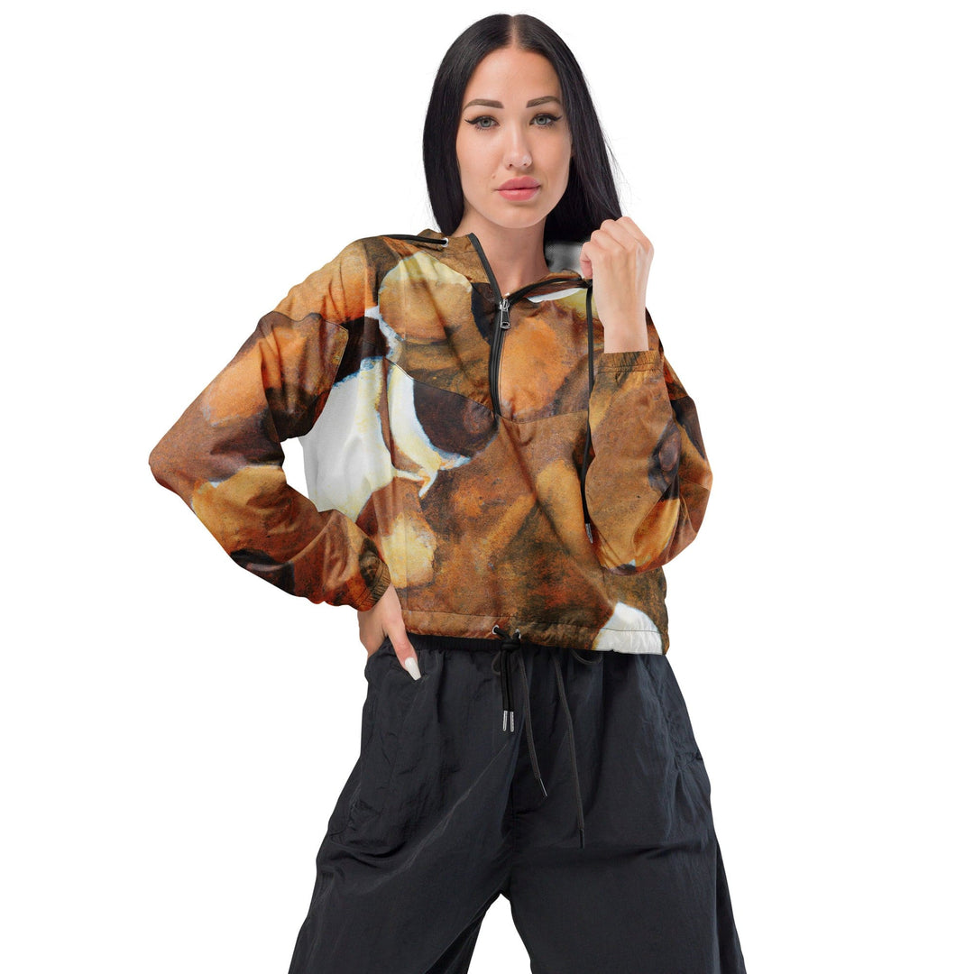 Womens Cropped Windbreaker Jacket Brown White Stone Pattern