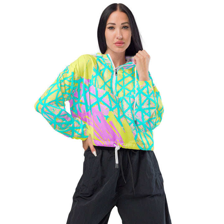 Womens Cropped Windbreaker Jacket Cyan Blue Lime Green and Pink