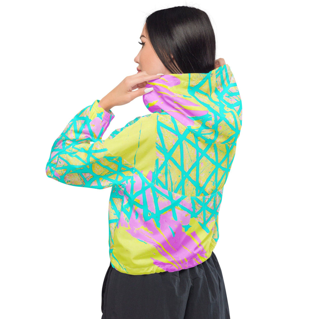 Womens Cropped Windbreaker Jacket Cyan Blue Lime Green and Pink