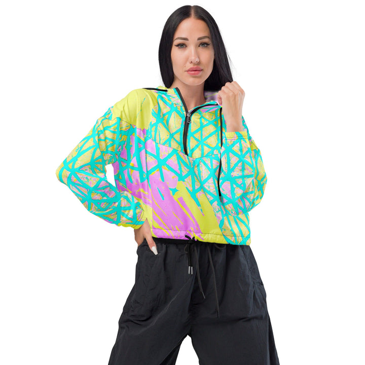 Womens Cropped Windbreaker Jacket Cyan Blue Lime Green and Pink