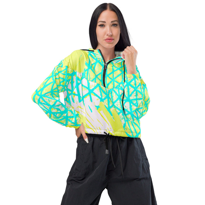 Womens Cropped Windbreaker Jacket Cyan Blue Lime Green and White