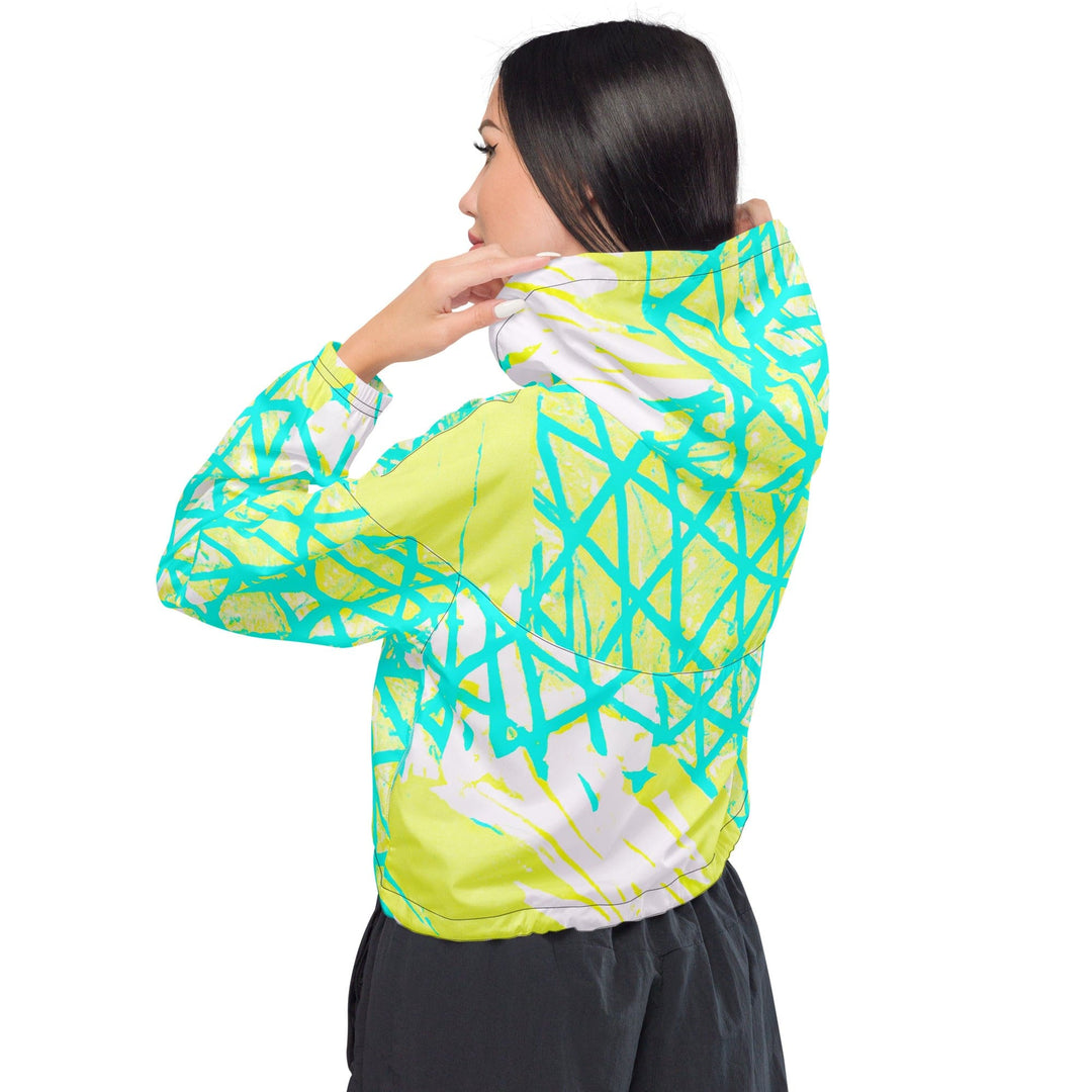 Womens Cropped Windbreaker Jacket Cyan Blue Lime Green and White