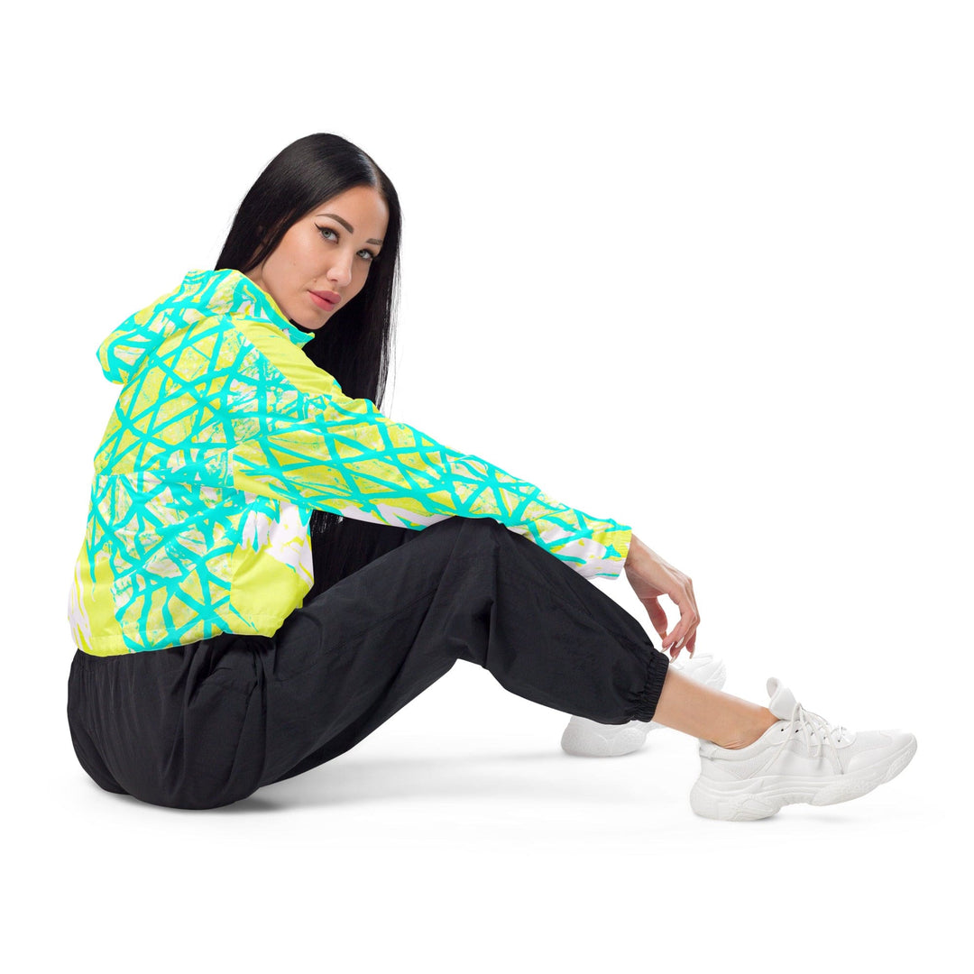 Womens Cropped Windbreaker Jacket Cyan Blue Lime Green and White